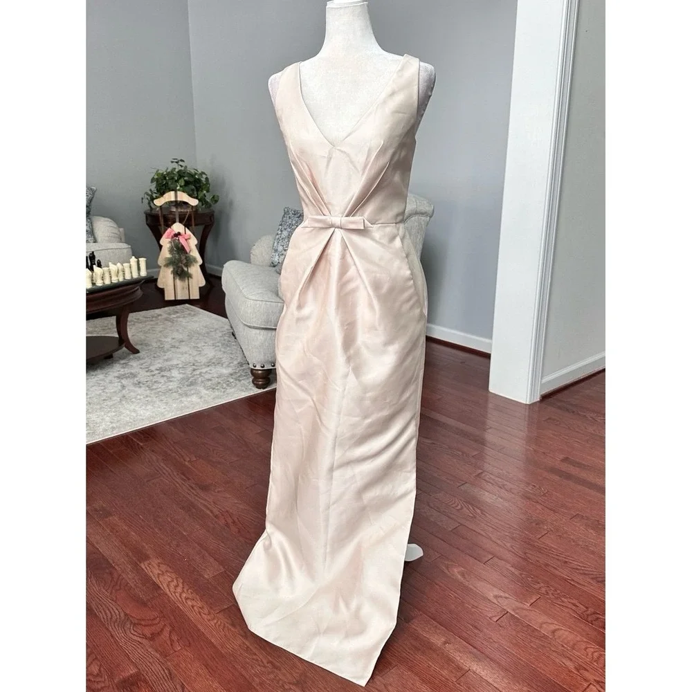Alfred Sung Beige Champagne Satin Plunge Gown Dress with Pockets Size 8 - Picture 10 of 11